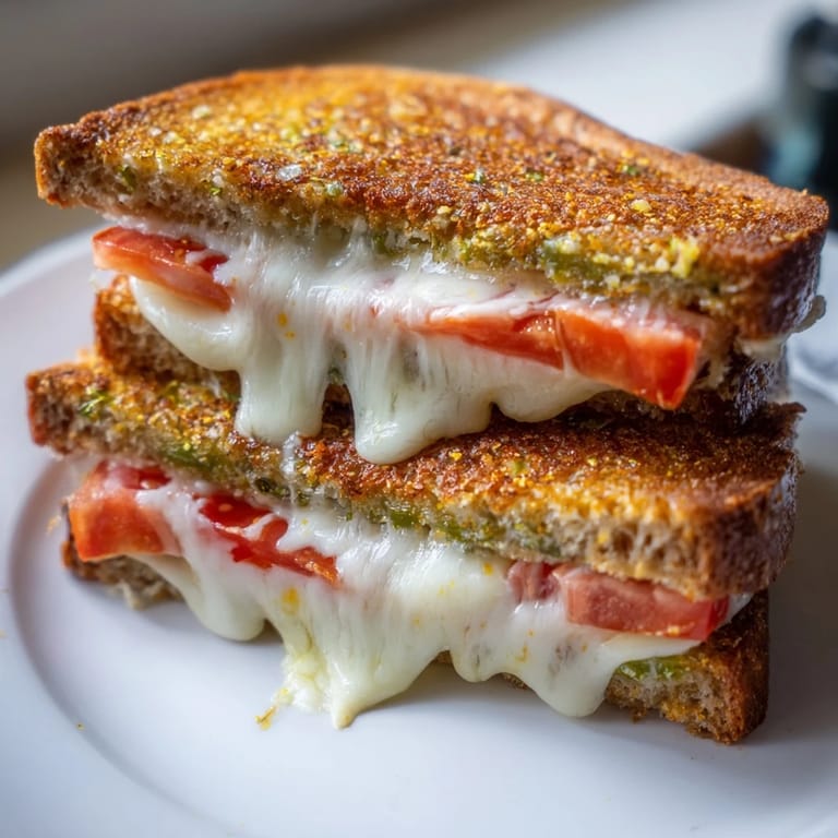 A close-up of a Pepper Jack & Tomato Grilled Cheese sandwich, showcasing crispy jalapeño bread and fresh, vibrant tomato layers.
