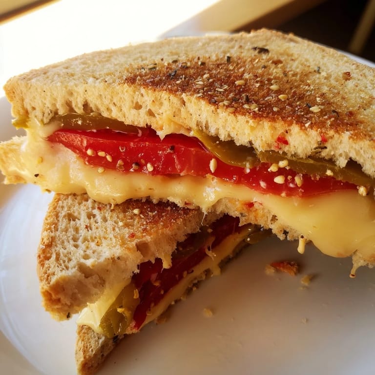 Two halves of a Pepper Jack & Tomato Grilled Cheese, steaming slightly, paired with a bowl of rich tomato soup for lunch.