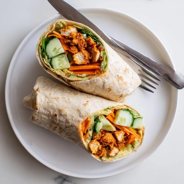 Stacked halves of a Honey Chili Crunch Chicken Wrap highlight crunchy vegetables and tender chicken wrapped in a warm tortilla, with a small drizzle of extra honey chili sauce nearby.