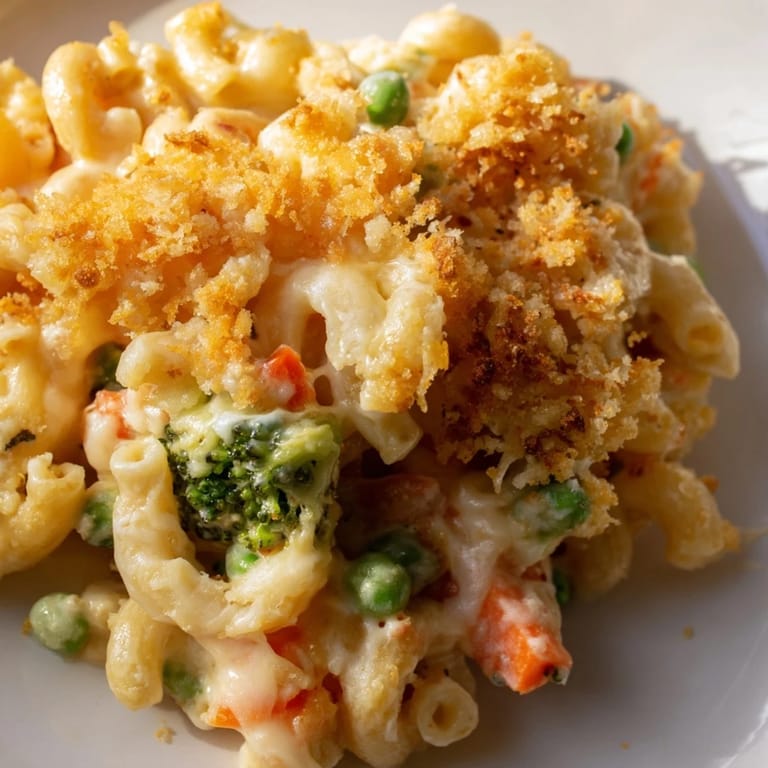 A serving of Garden Veg Mac and Cheese shows cheesy pasta with tender broccoli and diced carrots.