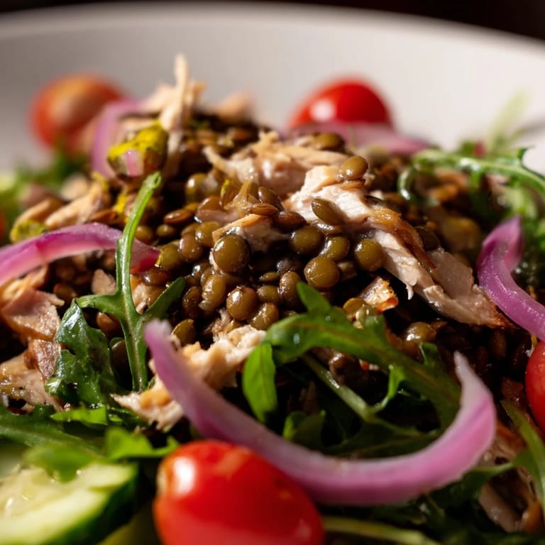 Overhead view of a fresh Lentil & Chicken Spring Salad, featuring lentils, roasted chicken, and pickled onions on a bed of greens for a light lunch.