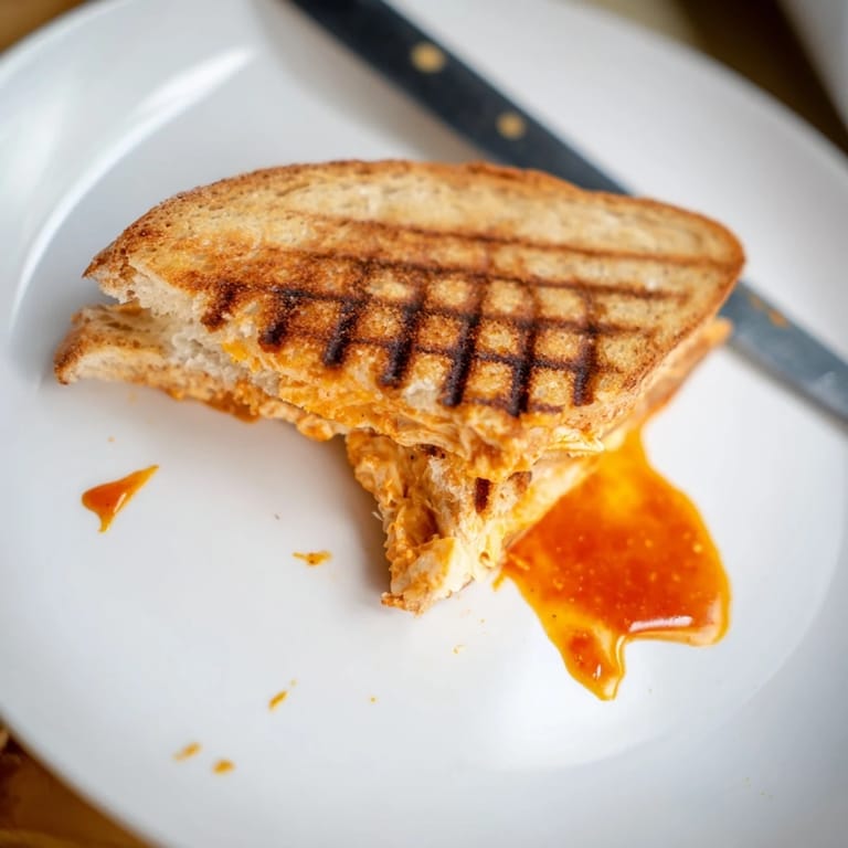 A close-up of a Buffalo Chicken Caesar Grilled Cheese, showcasing shredded buffalo chicken, romaine lettuce, and Parmesan between buttery golden-brown bread slices.  