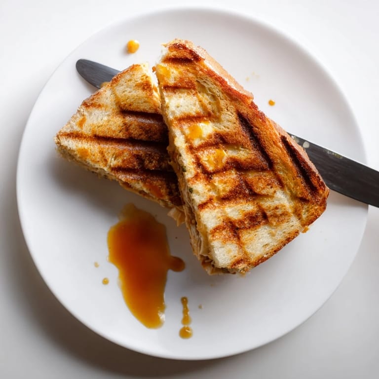 Sliced Buffalo Chicken Caesar Grilled Cheese revealing layers of spicy buffalo chicken, melty mozzarella, and crisp romaine lettuce on a rustic wooden board.