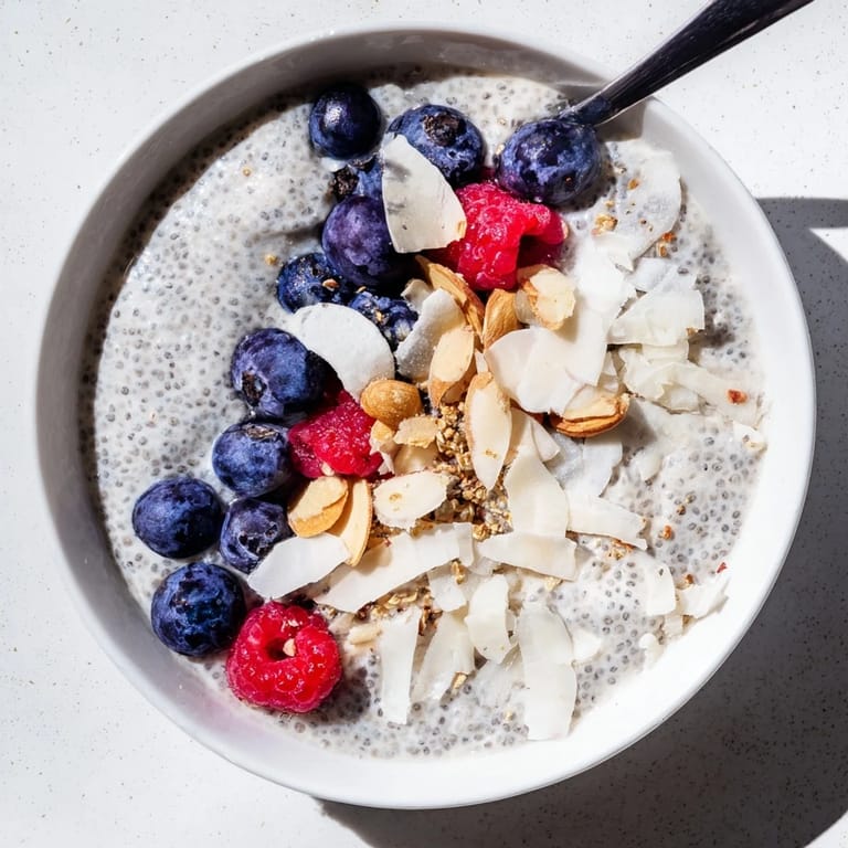 A spoonful of chilled poppy seed chia pudding with shredded coconut and berries ready to serve.