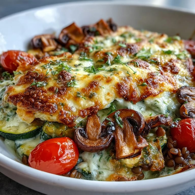 A hearty Green Lentil and Vegetable Casserole served from a rustic dish, paired with a crisp green salad on the side.