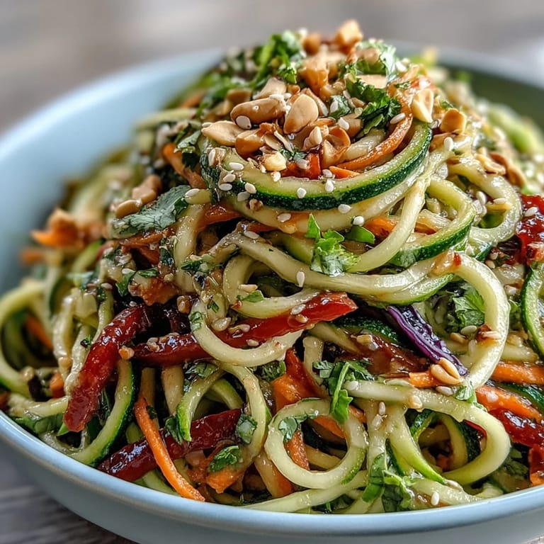 Bright spiralized cucumbers and red cabbage make up this refreshing Raw Vegetable Noodle Salad, topped with toasted sesame seeds.
