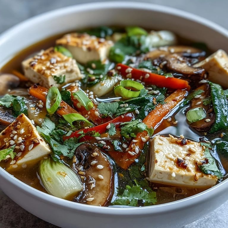 Close-up photo of a ladle serving Tofu and Vegetable Soup, showcasing tender shiitake mushrooms and crisp red bell peppers in the light broth.