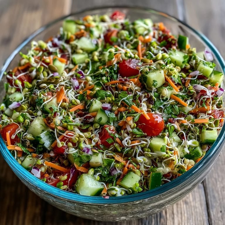 Healthy vegan Sprouted Seed Salad with bright red bell peppers, fresh cilantro, and juicy vegetables, perfect as a refreshing side dish.