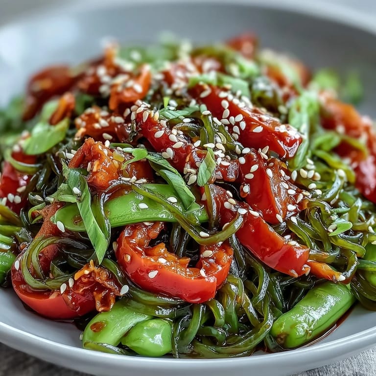 Vibrant Kelp Noodle Stir-Fry showcases colorful bell peppers and snap peas, sprinkled with toasted sesame seeds and fresh cilantro.