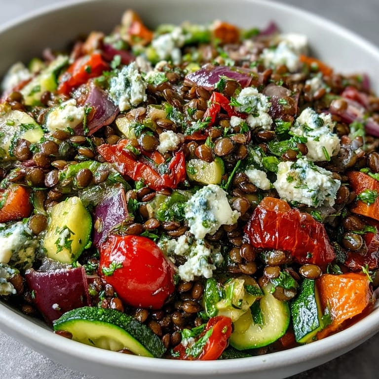 Black Lentil Salad with Roasted Vegetables served in a rustic bowl, topped with fresh parsley, halved cherry tomatoes, and optional crumbled feta cheese for a Mediterranean meal.