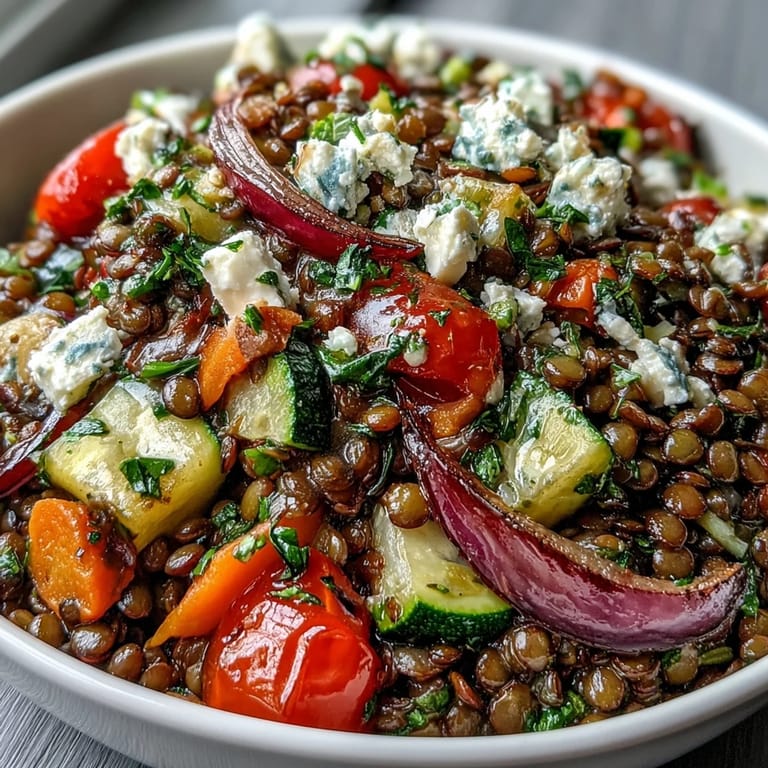 A hearty Black Lentil Salad with Roasted Vegetables, highlighting deep black lentils alongside golden, tender roasted carrots and onions, perfect for a healthy, gluten-free lunch.