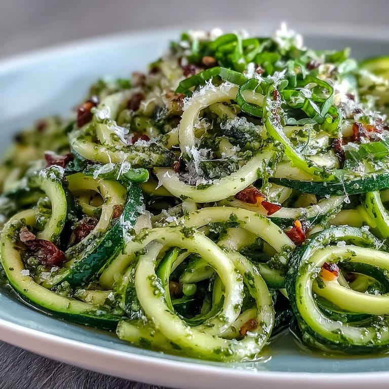 Tender sautéed zucchini noodles coated in fragrant homemade pesto, garnished with fresh basil and Parmesan, served warm for a quick, healthy vegetarian meal.