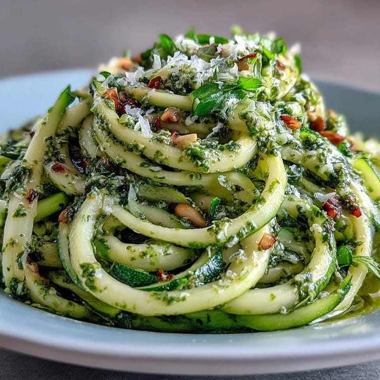 Bright green zucchini spirals mixed with a creamy basil pesto sauce, finished with pine nuts and lemon, perfect for a gluten-free weeknight dinner.