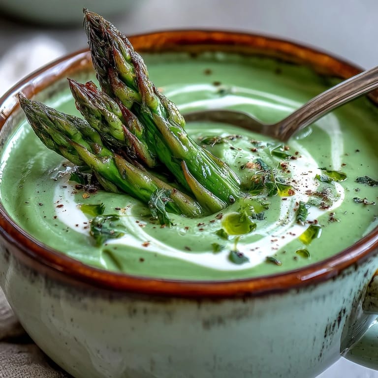 Spring asparagus soup with velvety cream swirls, lemon brightness, and a drizzle of olive oil garnish.  