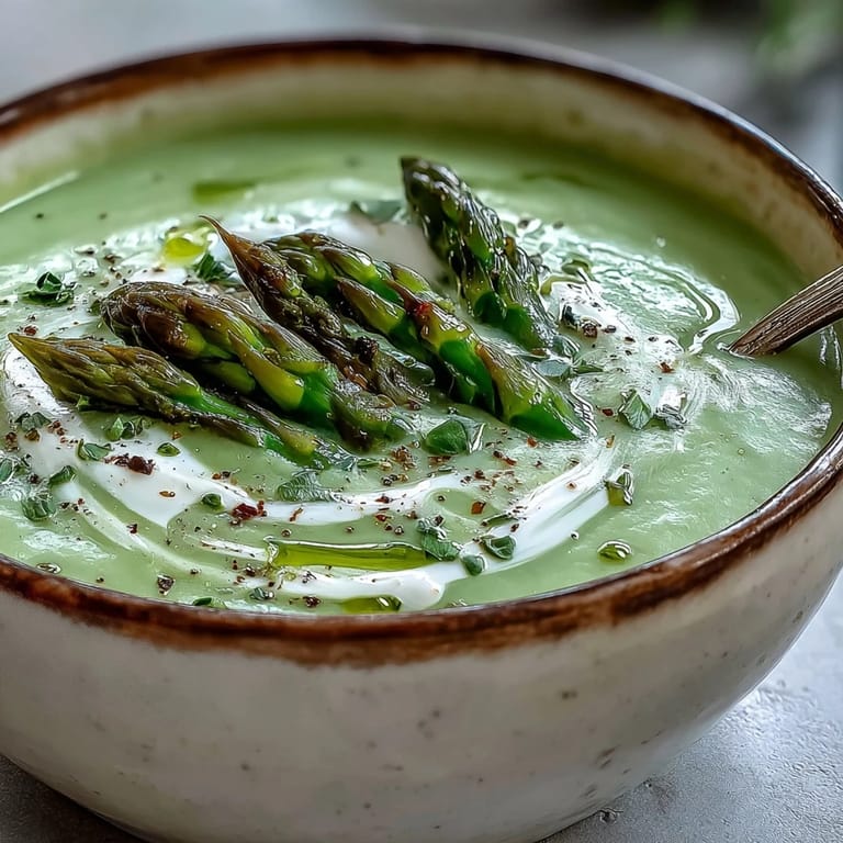 Silky pureed asparagus soup with buttery leeks, fresh herbs, and crisp asparagus tip garnish.