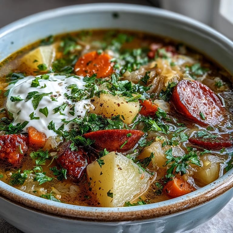 A close-up view of Sauerkraut Soup with diced potatoes, carrots, and smoked sausage peeking through the tangy broth, perfect for a cozy meal.  