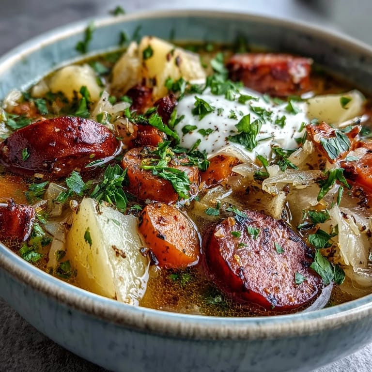 Hearty Sauerkraut Soup served in a rustic bowl with a swirl of sour cream and parsley, representing a comforting Central European dish.