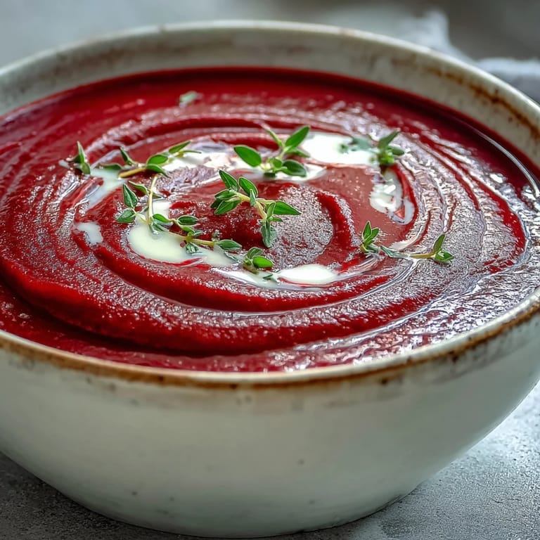 A close-up of velvety roasted beet soup in a rustic bowl, showing its deep red color and fresh thyme garnish.