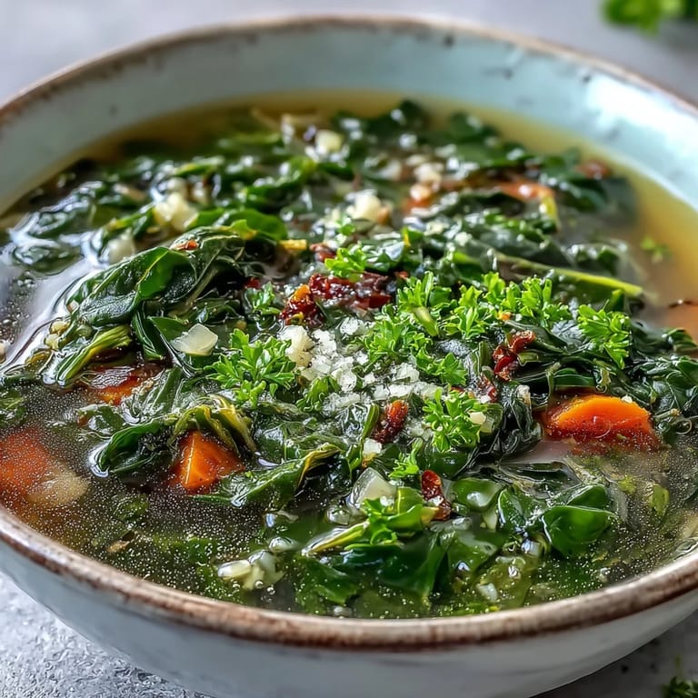 Rustic Swiss Chard Soup in a white bowl, featuring wilted greens and minced garlic.