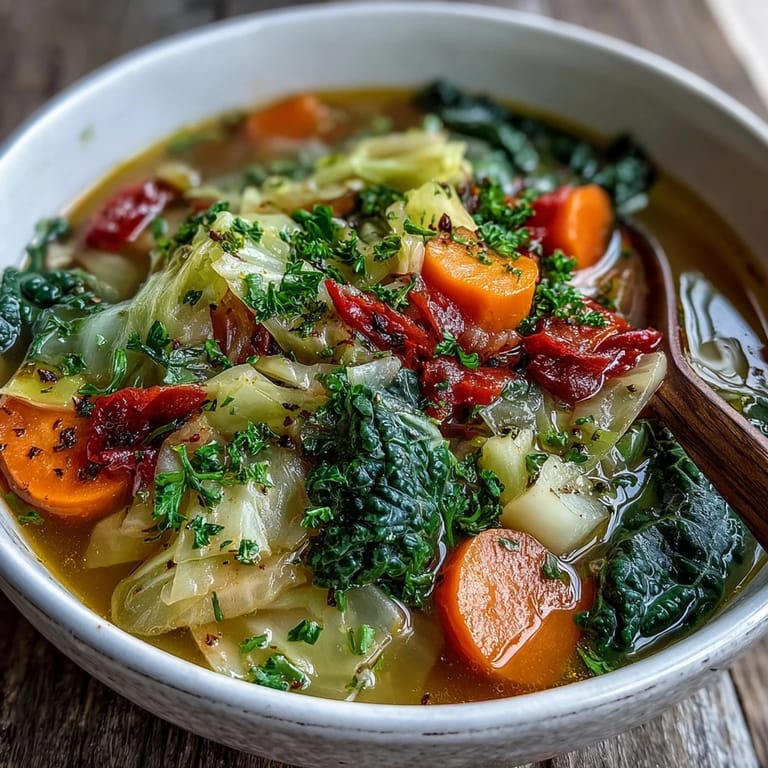 Hearty Cabbage Soup with chunky vegetables and fresh parsley garnish in a white bowl.