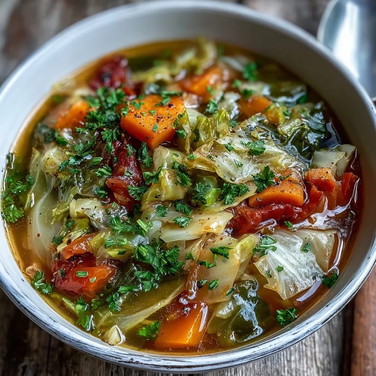 Steaming Cabbage Soup served in a rustic bowl with a wooden spoon, ready to enjoy.