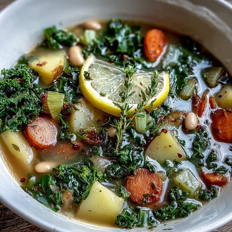 Close-up of homemade Kale Soup showing wilted greens and cannellini beans, served with a lemon wedge and crusty bread.