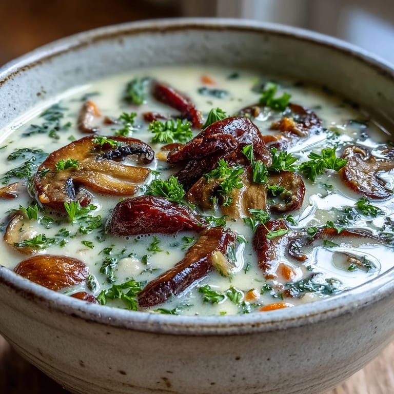 Earthy Mushroom Soup simmering in a pot with carrots, celery, and thyme for a cozy dinner.