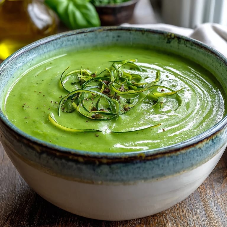 A ladle of creamy Zucchini Soup over a white bowl, garnished with fresh herbs.