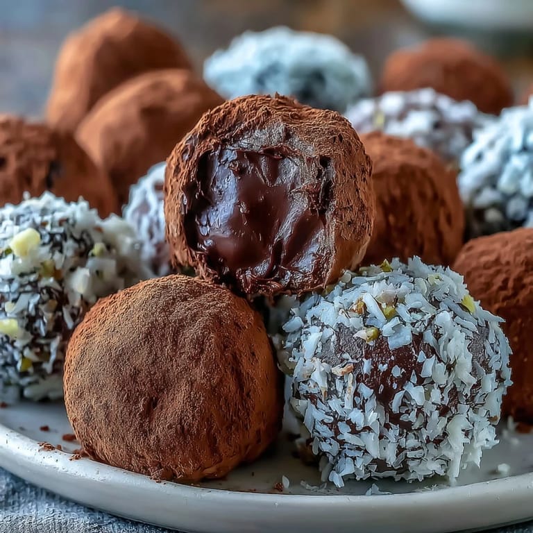 Homemade Chocolate Truffles rolled in chopped toasted nuts with a velvety texture on a rustic wooden board.