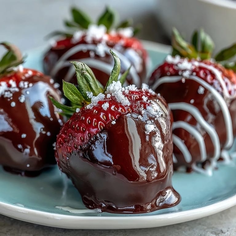 Aromatic chocolate-covered strawberries on a chilled tray with white chocolate drizzle.