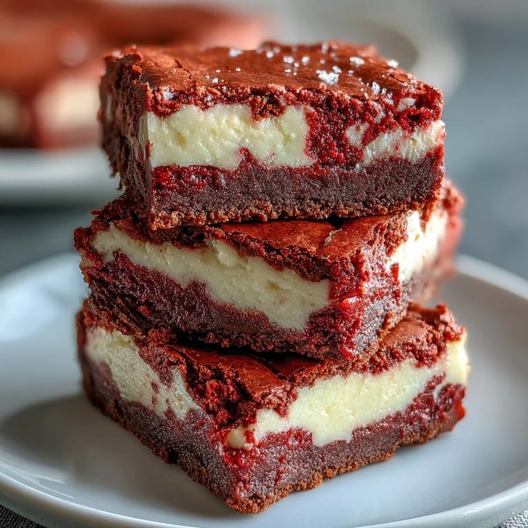 Festive red velvet cheesecake brownies served with a cold glass of milk for dipping.