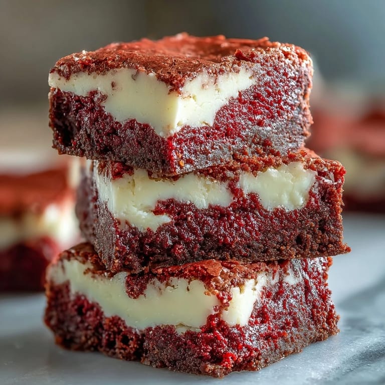 Decadent red velvet cheesecake brownies cut into squares, revealing marbled red and white layers.