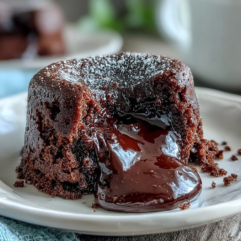 Close-up of a spoon breaking into a warm Chocolate Lava Cake with espresso, showing gooey, molten chocolate flowing from the center.