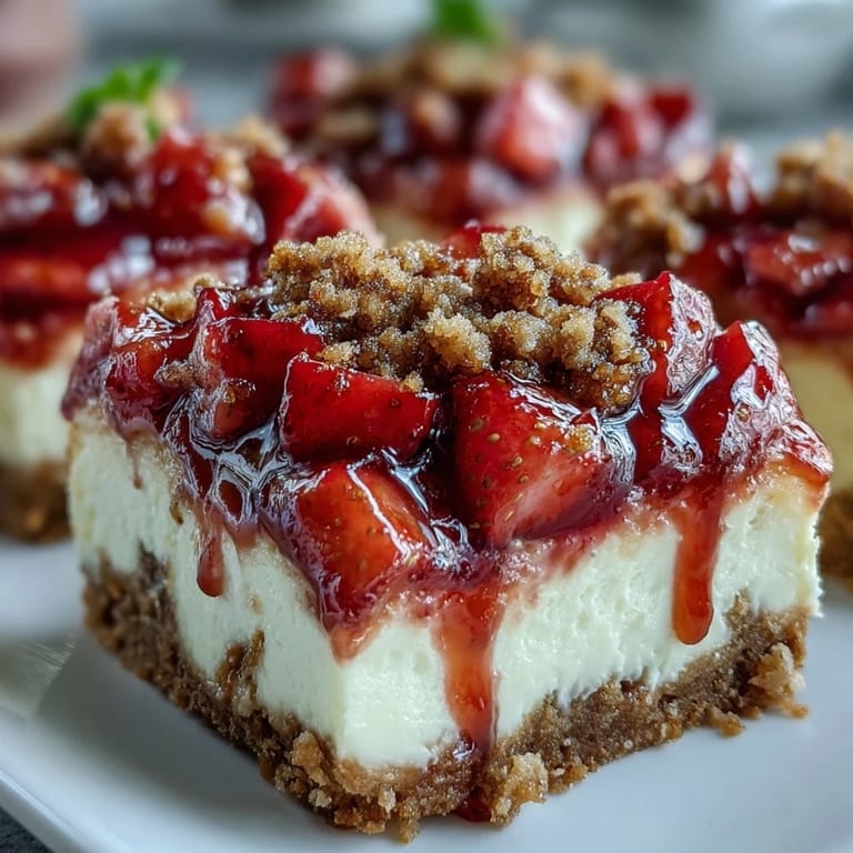 Thick cheesecake layer on a graham crust, finished with strawberry topping and streusel for Strawberry Cheesecake Bars.