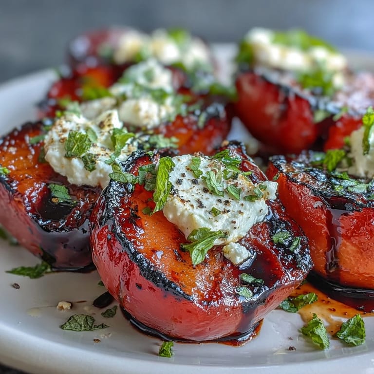 Charred sweet plums with soft goat cheese and honey balsamic reduction, a perfect gluten-free summer appetizer.