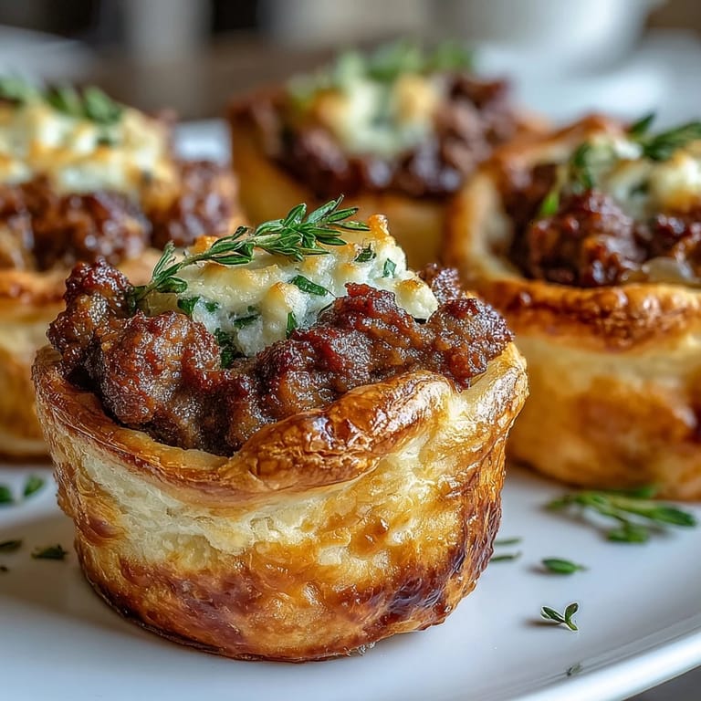 Hands carefully sealing Mini Beef Tourtières edges with a fork on a wooden board next to a bowl of beef filling.