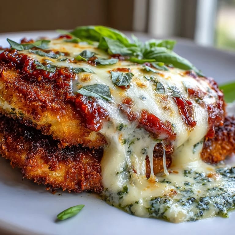 Freshly baked Pesto Chicken Parmesan with melted mozzarella and Parmesan, garnished with basil and ready to serve from the ceramic dish.