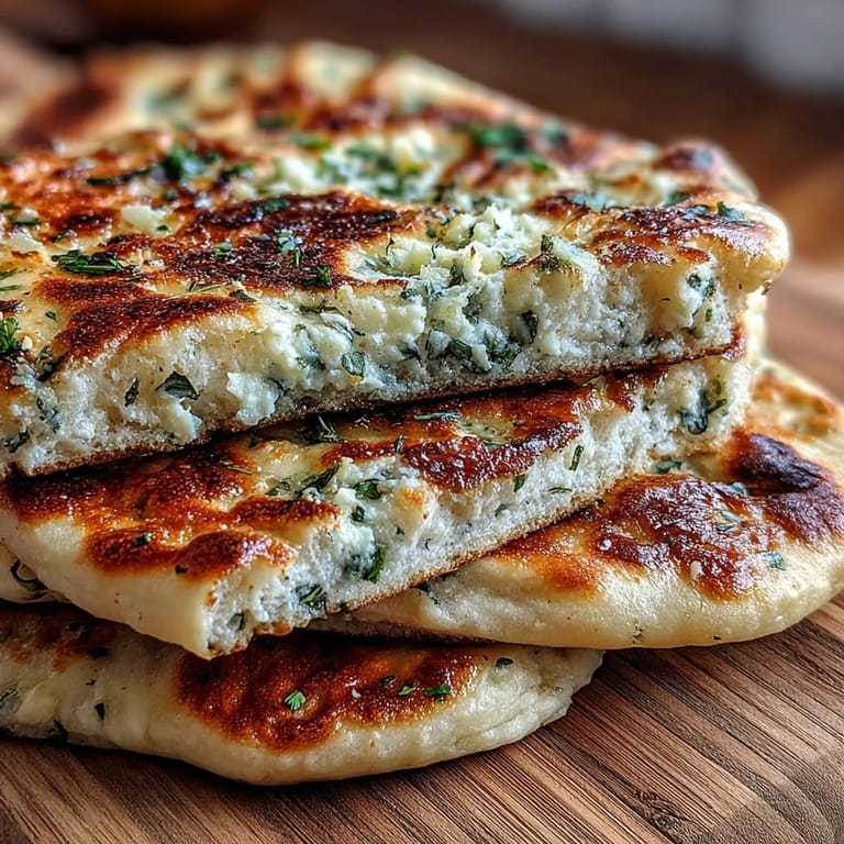 Freshly baked The Best Easy Garlic Naan Bread stacked on a wooden board, brushed with garlicky butter and flecked with herbs.