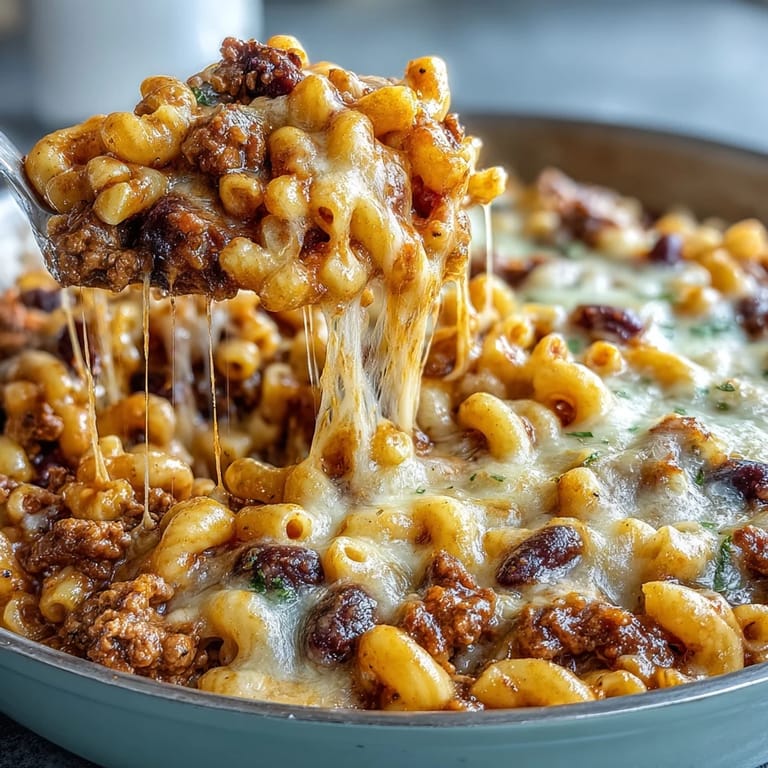A hearty bowl of One-Pan High Protein Chili Mac topped with green onions, sour cream, and crushed tortilla chips. 