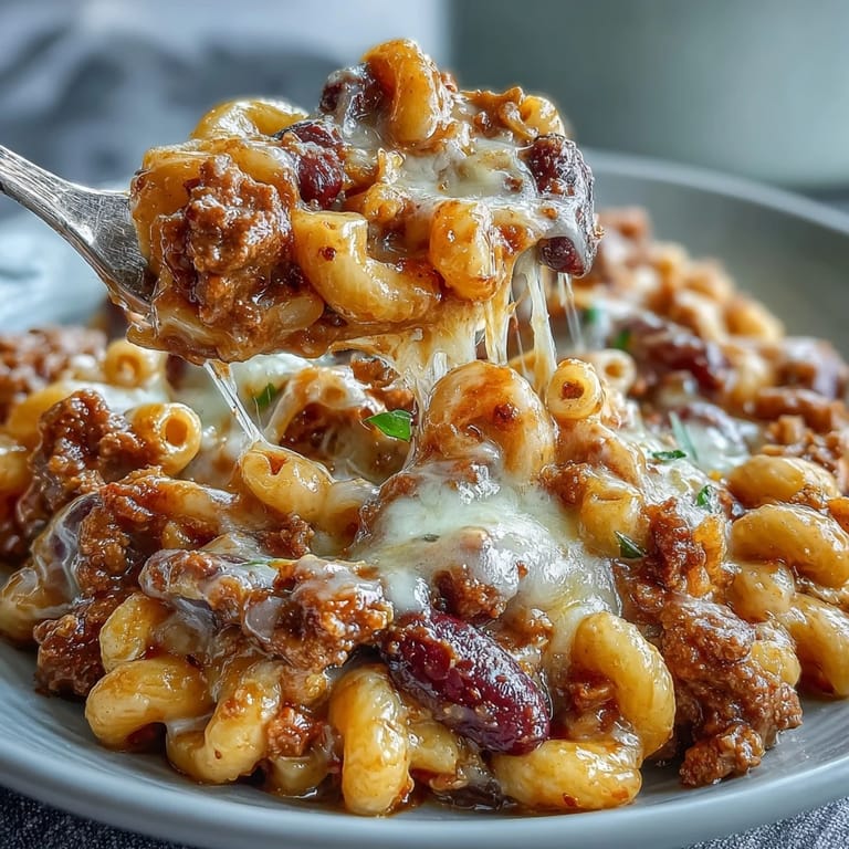 One-Pan High Protein Chili Mac served in a rustic bowl, highlighting tender macaroni and savory ground beef.