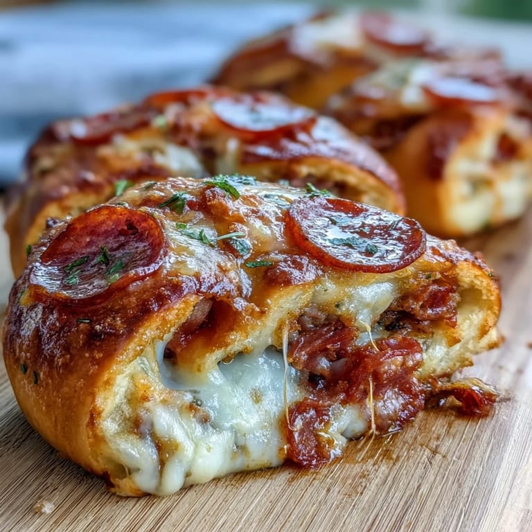 Sliced Irresistible High Protein Pepperoni Pizza Rolls are ready to dip into warm marinara for a satisfying snack.