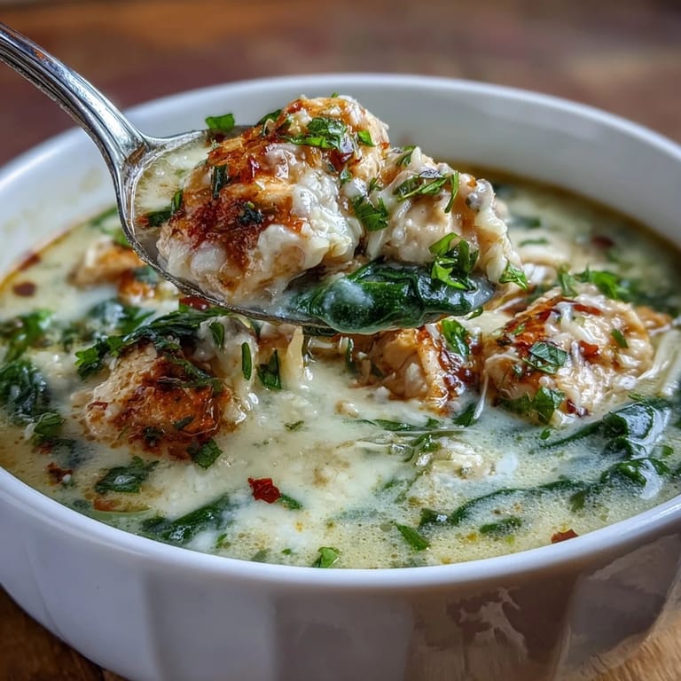 Close-up of velvety Garlic Parmesan Chicken Soup showing tender chicken pieces and wilted greens.
