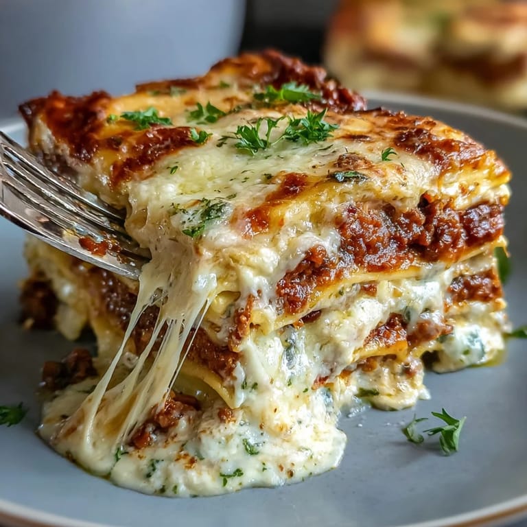 Slice of Worlds Best Lasagna revealing meat sauce, ricotta, and melted cheese layers on a plate with a dinner fork.