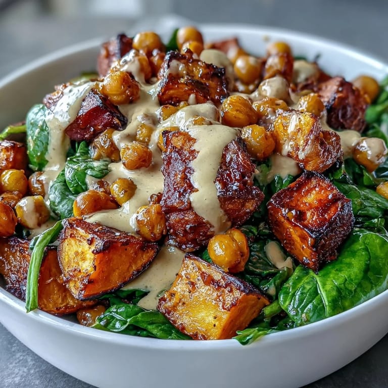 A wholesome meal prep bowl of sweet potato and chickpeas, ready to eat with a creamy chipotle tahini dressing for a healthy weeknight dinner.