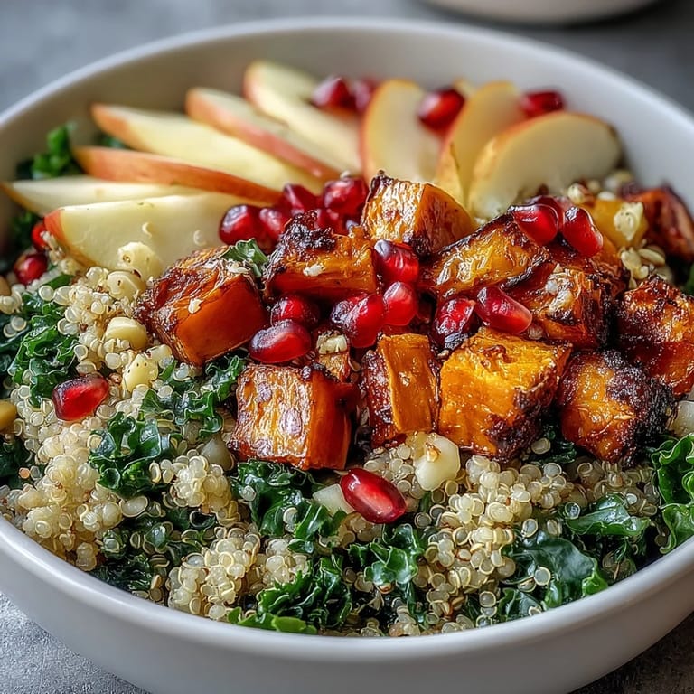 Kale Harvest Grain Bowl topped with diced apple, pomegranate seeds, and tangy dressing ready to serve.