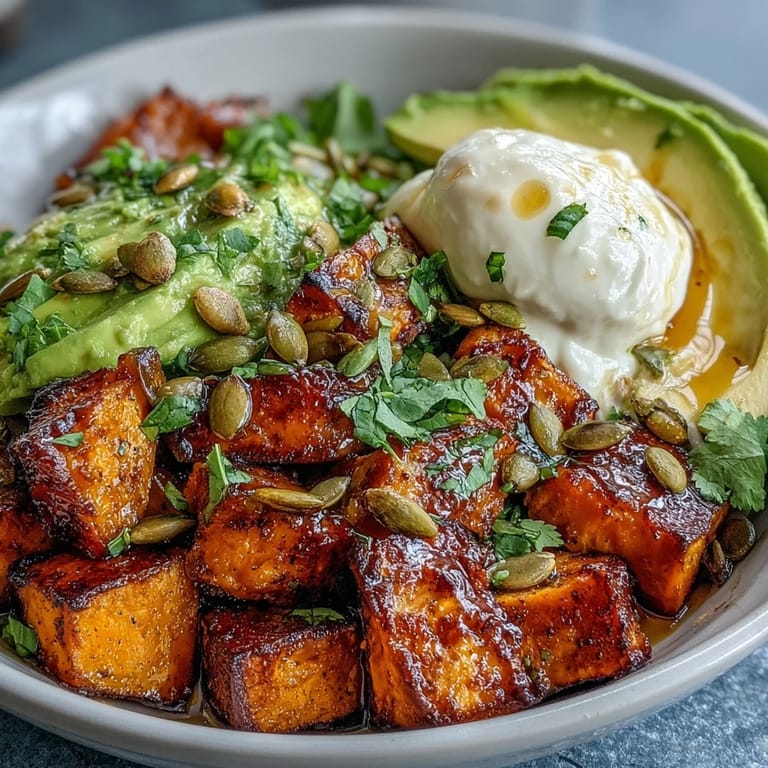 Cottage cheese and spicy-sweet hot honey drizzle over warm roasted sweet potatoes in this bowl.