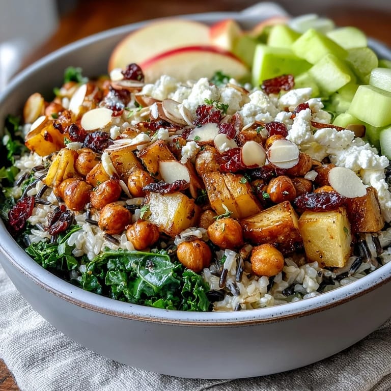 Bowl of Fall Harvest Bowl with Brussels sprouts, apples, celery, almonds, and feta cheese. 