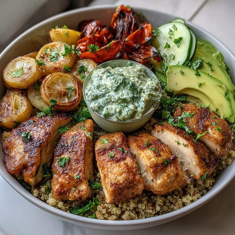 Golden pan-fried chicken and smoky paprika roasted vegetables top a bed of fluffy quinoa in this colorful nourishing bowl.