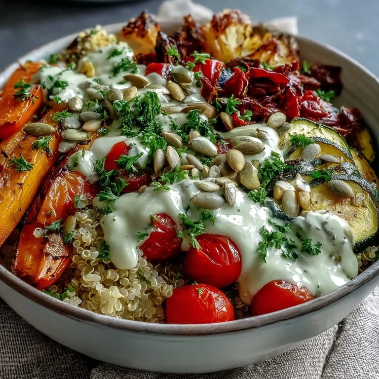 Colorful sheet pan roasted vegetables like cherry tomatoes and red onion served over quinoa in a vegan Roasted Vegetable Quinoa Bowl.