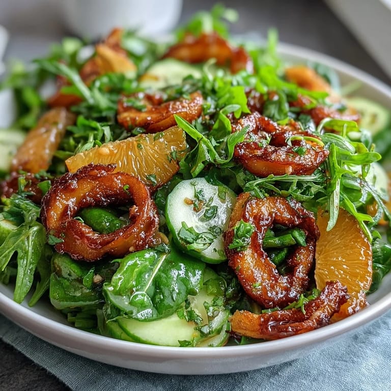 A refreshing spring salad featuring baby spinach, arugula, and cucumber, drizzled with honey mustard vinaigrette and garnished with toasted almonds for a satisfying crunch.